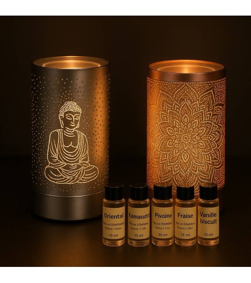 1 grande lampe + 1 petite lampe + 5 extraits de parfum d’ambiance. Parfait pour sublimer chaque espace.