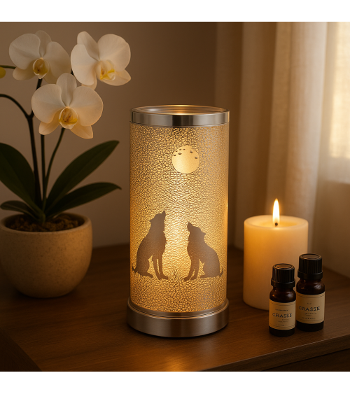 Lampe diffuseur de parfum motif Loups, décoration sauvage et parfumée.