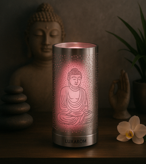 Lampe diffuseur de parfum motif Bouddha, ambiance zen et bien-être.
