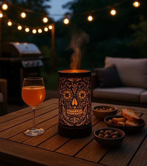 Lampe diffuseur de parfum motif Tête de mort, esprit rock et diffusion parfumée.