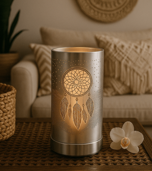 Lampe diffuseur de parfum motif Attrape-rêve, décoration bohème et senteur légère.