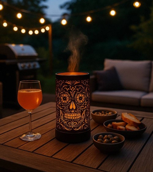Lampe diffuseur de parfum motif Tête de mort, esprit rock et diffusion parfumée.